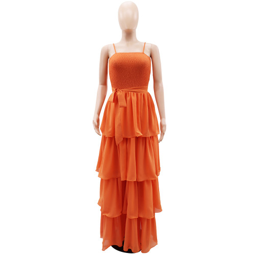 Chiffon Gentle Style Style Hanging Strap High Waist Cake Long Dress Summer Dress