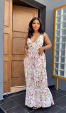 Sleeveless V-neck open back printed slim fitting long dress for early spring versatile women's suspender dress