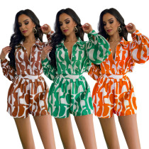 Loose printed long shirt casual women's shorts set two-piece