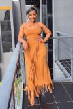 Sleeveless navel exposed short vest with small pit stripe high waisted tassel long skirt two-piece set
