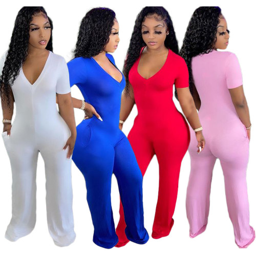 Women's fashion patchwork casual V-neck pocket wide leg jumpsuit