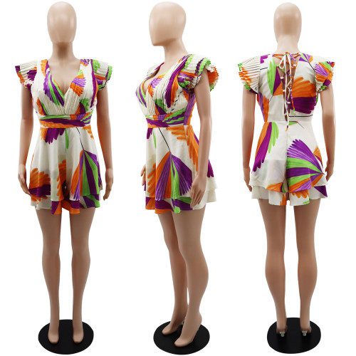 V-neck temperament flying sleeves fresh pastoral shorts women's jumpsuit