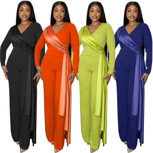 Long sleeved V-neck temperament waistband dress Spring and Autumn slim fitting women's straight tube jumpsuit