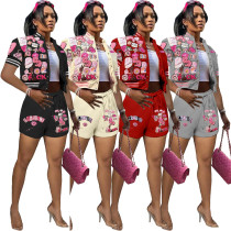 Fashion casual printed Baseball uniform short sleeve suit