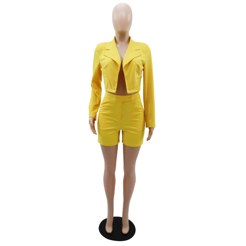 Shoulder pad Polo collar coat, high waisted shorts, spring and summer versatile urban professional outfit two-piece set