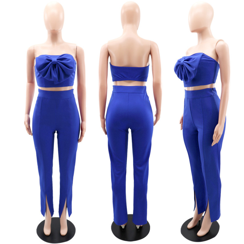 Bow wrap chest vest fashion split micro flare suit pants two-piece set