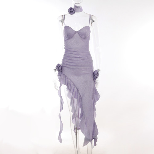 Sexy and Pure Lust Style Off Back Off Shoulder Pleated Powder Scattered Flower Ribbon Split Dress