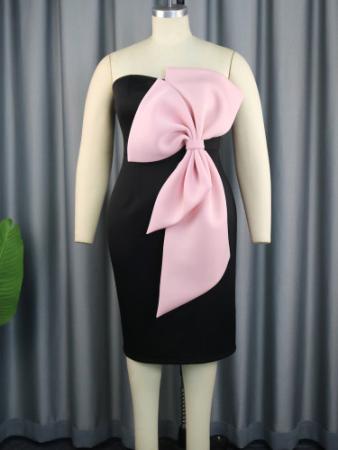 Sexy Off Shoulder Dress with European and American Breast Contrast Bow Tie Dress