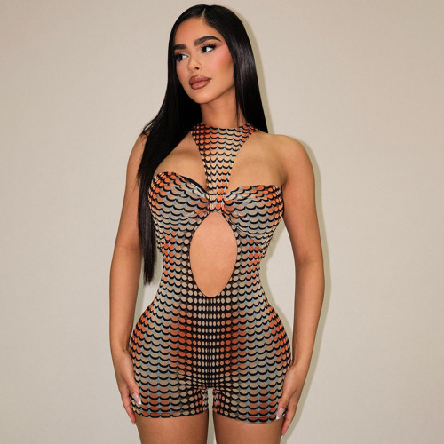 Polka dot printed hollow out characteristic tight and sexy jumpsuit