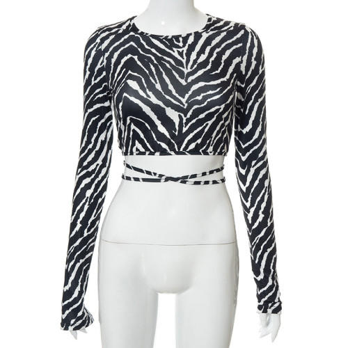 Casual Umbilical Lace up Zebra Stripe Open Back Top