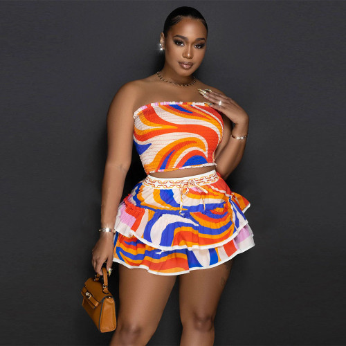 Sexy Sleeveless Open Back Short Dress Printed Two Piece Set K10564