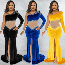 Velvet Diamond Mesh Perspective Pleated Diagonal Collar One Shoulder Split Dress