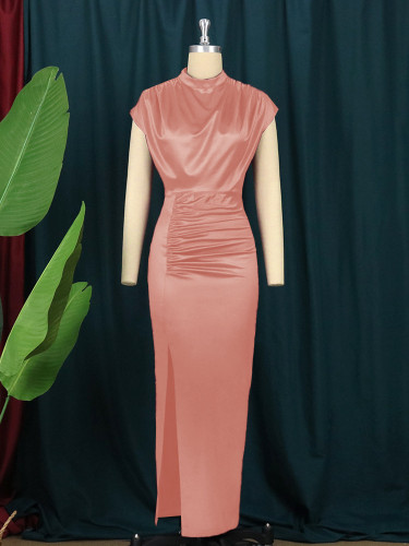 High Neck Long Dress Solid Color Dress Style High Waist Temperament Commuter Dress
