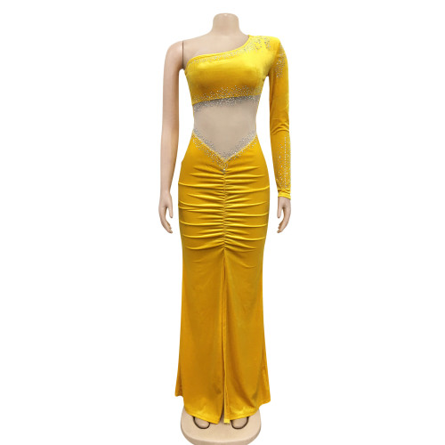 Velvet Diamond Mesh Perspective Pleated Diagonal Collar One Shoulder Split Dress