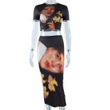 Digital printed head portrait round neck top, medium length half skirt, two piece set