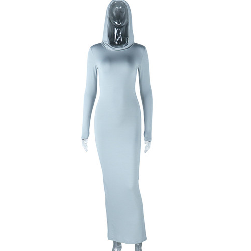 Hooded Solid Color Skinny Dress Long Step Wrap Hip Dress Long Sleeve Pullover Skirt