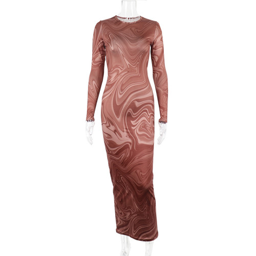 Skinny mid length dress with round neck and long sleeve printed buttocks skirt pullover