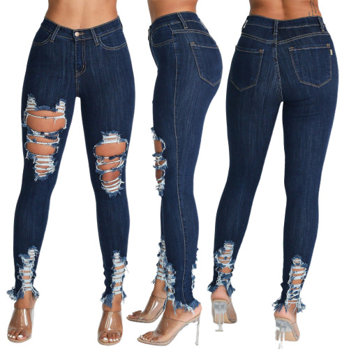 Versatile slim and sexy high elastic perforated calf denim pants