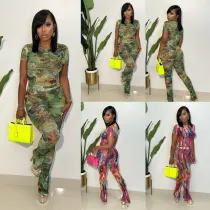 Fashion printed round neck micro flare pants slim and sexy two-piece set