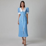 Women's French printed dress with fashionable temperament, doll neck, short sleeves, waist up long skirt