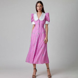 Women's French printed dress with fashionable temperament, doll neck, short sleeves, waist up long skirt