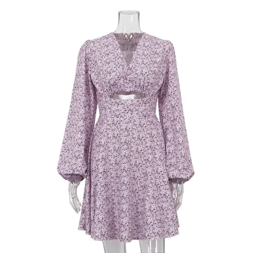 Fashionable Long Sleeve V-Neck Careful Machine Dress Printed Slim French Dress