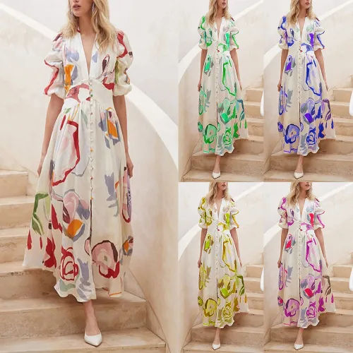 Women's beach dress, slim fit, large hem, four sided stretch printed long skirt