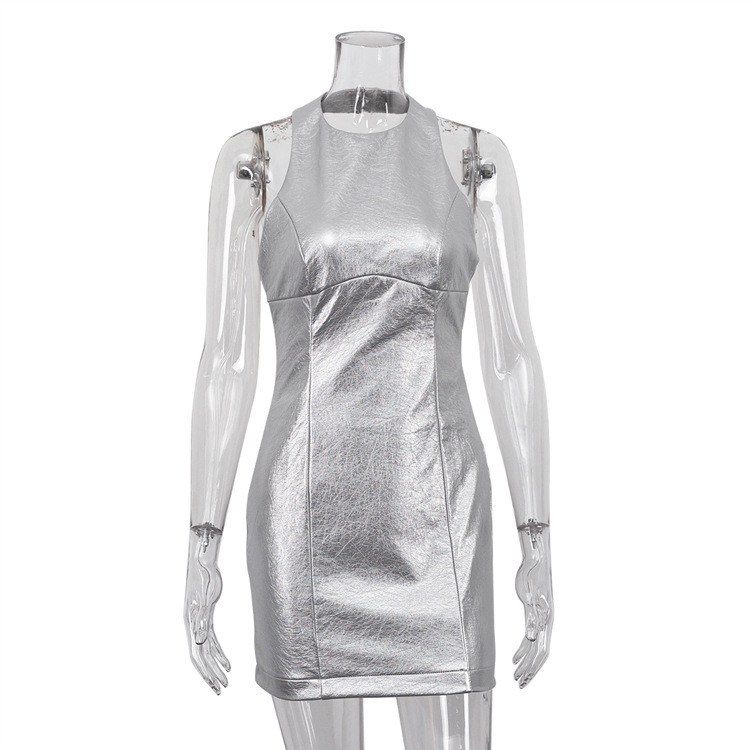 PU leather dress for women, silver fashionable and sexy, revealing backpack with short hips