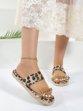 Women's shoes with leopard print and wide band metal chain flat bottomed slippers