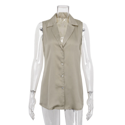 Women's sleeveless satin shirt, medium length top, women's lapel drape, fashionable vest shirt