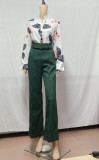 Casual Set Printed Standing Neck Long Sleeve Shirt Top Wide Leg Pants Two Piece Set with Belt