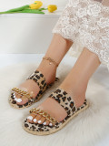 Women's shoes with leopard print and wide band metal chain flat bottomed slippers