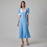 Women's French printed dress with fashionable temperament, doll neck, short sleeves, waist up long skirt