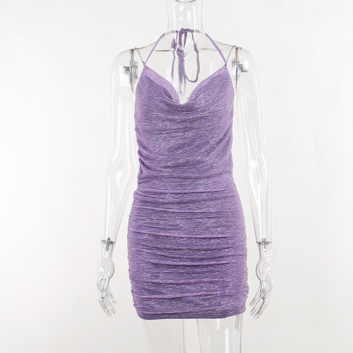 Diamond Chain Hanging Neck, Pocket Neck, Sexy Backless Dress, Slender and Spicy Girl Short Dress
