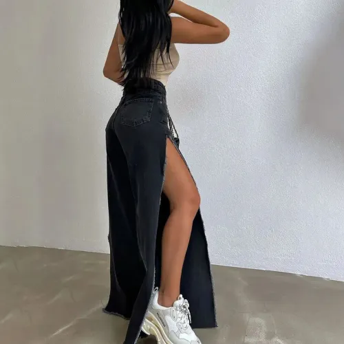 High waisted straight leg double slit denim pants