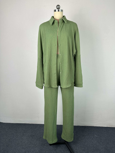 Temperament solid color long sleeved shirt jacket wide leg pants casual two-piece set