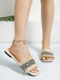 Women's wide striped ethnic patterned tassel flat bottomed slippers