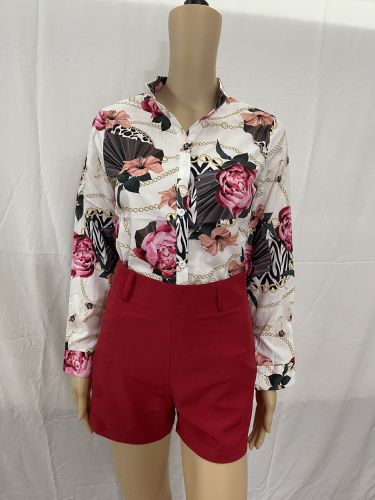 Casual Set Light Mature Long Sleeve Printed Standing Neck Shirt Women's Shorts Two Piece Set