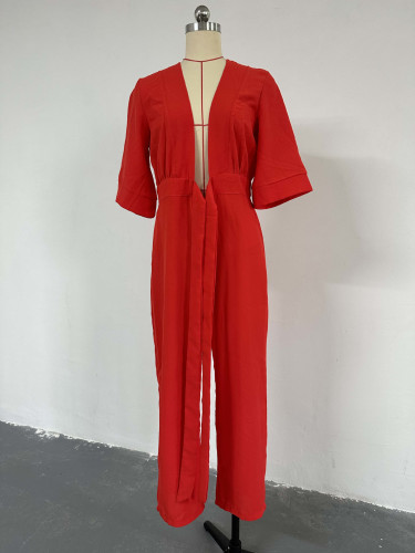 Solid loose size V-neck short sleeved tied waist straight tube women's jumpsuit