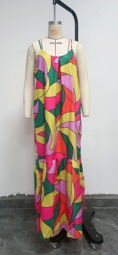 Deep V Open Back Dress Bohemian Floral Strap Long Dress