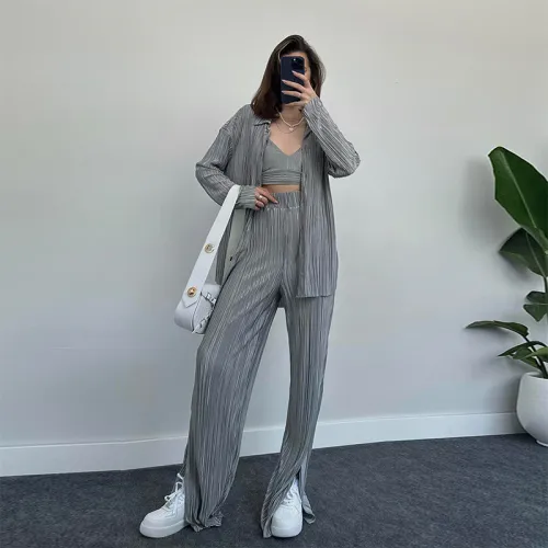 Premium Grey Long sleeved Shirt Strap Wide Leg Pants Casual Three Piece Set