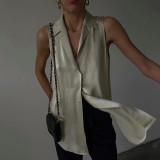 Women's sleeveless satin shirt, medium length top, women's lapel drape, fashionable vest shirt