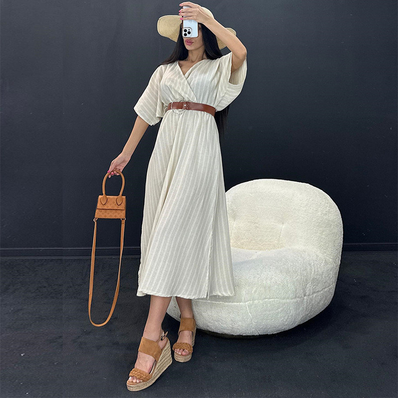 Temperament striped V-neck short sleeved belt with waistband and split middle length dress including belt