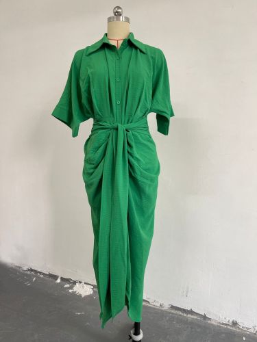 Polo collar medium length short sleeved single breasted high waisted shirt dress