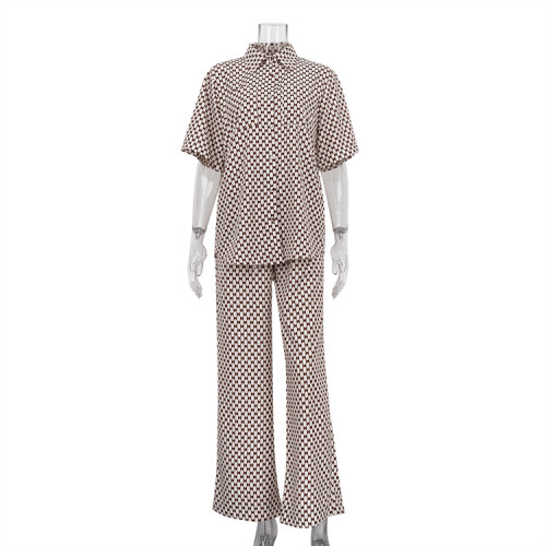 Printed Set Short Sleeve Shirt Lace up High Waist Pants Casual Two Piece Set