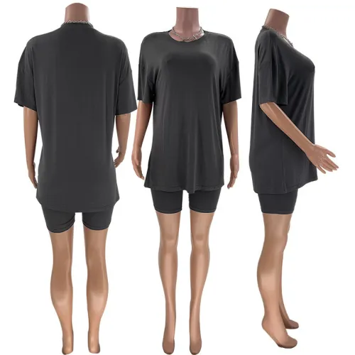 Solid color short sleeved round neck pullover top urban casual shorts fashion set