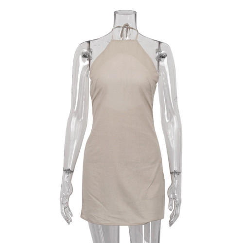 Cotton and linen dress with open back and sexy spicy girl hanging neck tie up A-line skirt