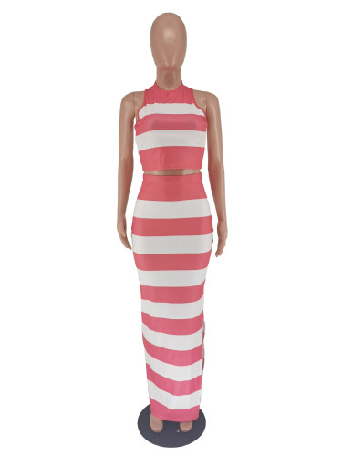 Striped printed slit skirt two-piece set