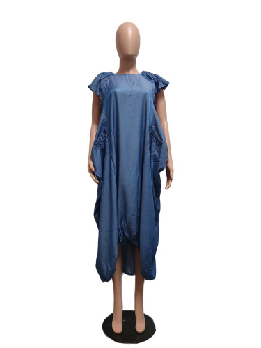 Imitation denim large pocket loose fitting dress