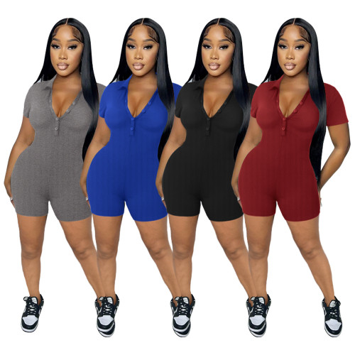 Women's solid color lapel ribbed tight casual jumpsuit